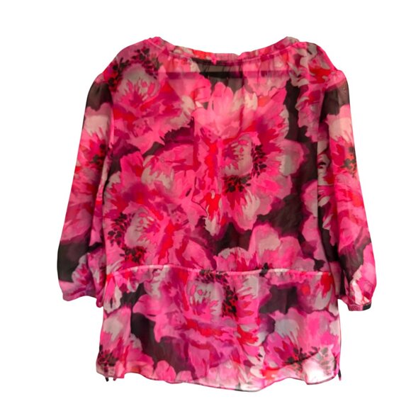 Elle‎ Sheer Pink Floral Blouse Ruffle Neck Maximalist Floral Size XL - Picture 2 of 9